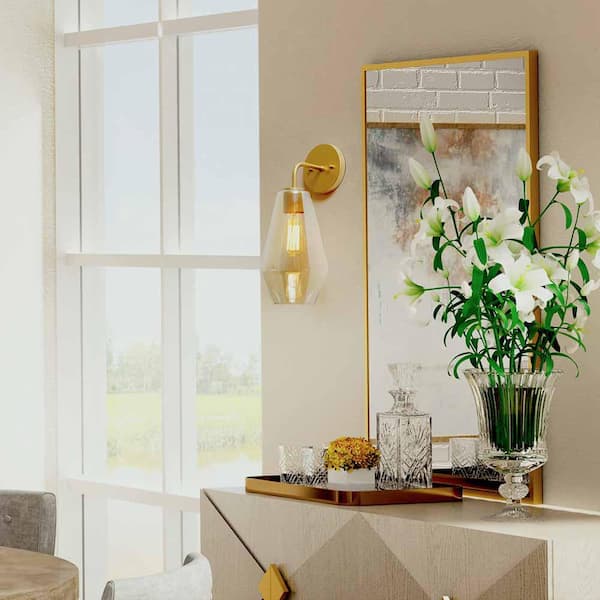 Modern Geometric Wall Sconce Mila Transitional 1-Light Brass Gold Tube Vanity Light with Frosted Glass Shade