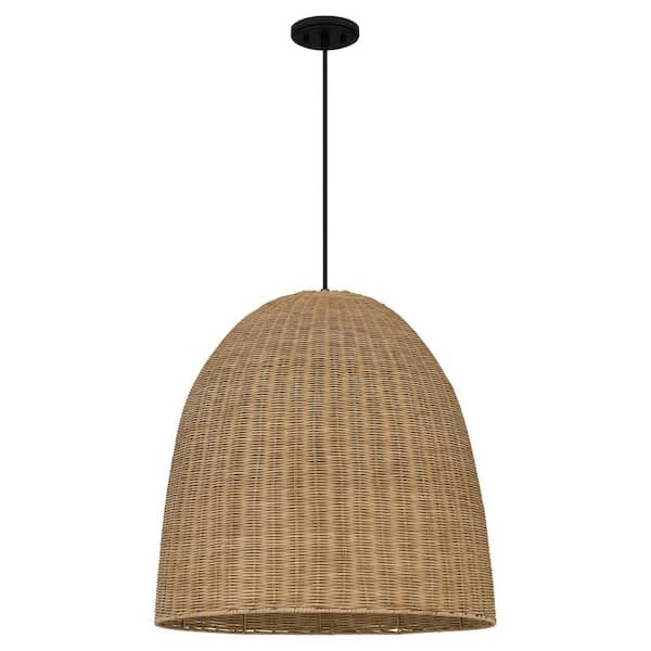 Highler 1-Light Matte Black Pendant with Natural Rattan Shade