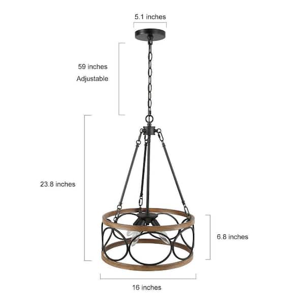 Brown Drum Chandelier, 4-Light Black Cage Farmhouse Chandelier Dining Room Pendant Light with Wood Accents