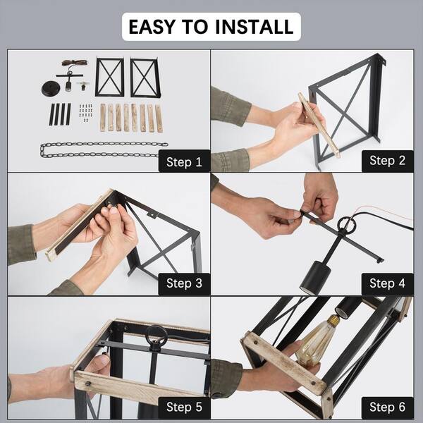 Black Rustic Wood Cage Pendant Light 1-Light Farmhouse Lantern Kitchen Island Pendant Lighting