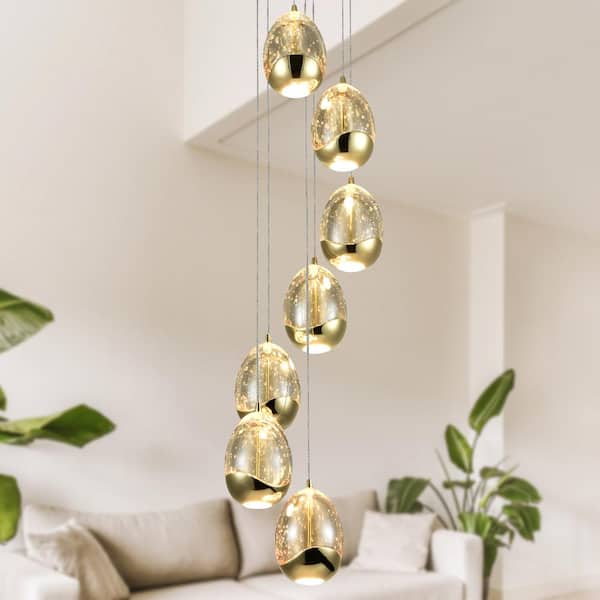 Venezia 9 in. 7-Light ETL Certified Integrated LED Gold Chandelier Height Adjustable Pendant with Champagne Glass Shades