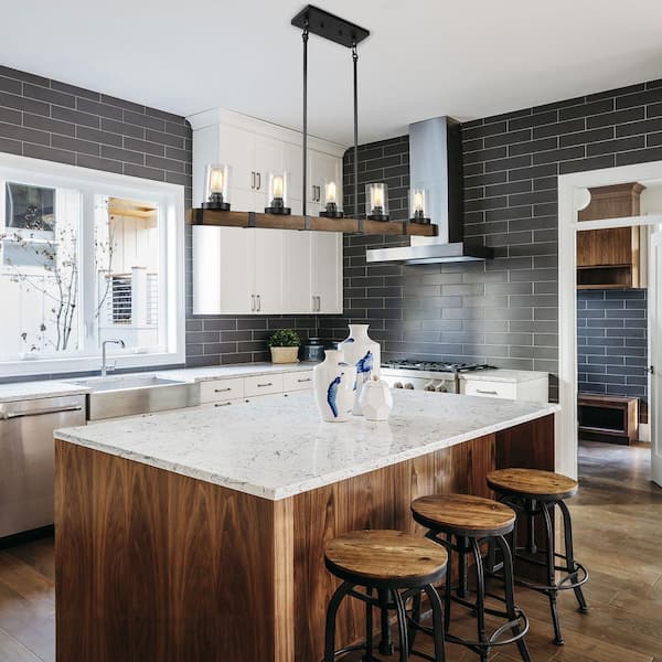 Linear Wood Chandelier, Brown Rectangular 5-Light Island Pendant Light Black Farmhouse Chandelier with Seedy Glass Shade