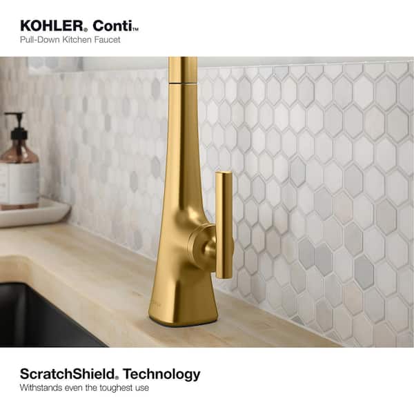 Conti Single Handle Pull Down Sprayer Kitchen Faucet in Vibrant Brushed Moderne Brass
