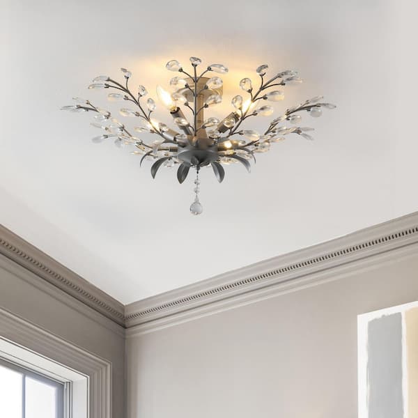 Elisana 26 in. 4-Light Silver Gray/Clear Contemporary Bohemian Iron/Acrylic LED Semi Flush Mount