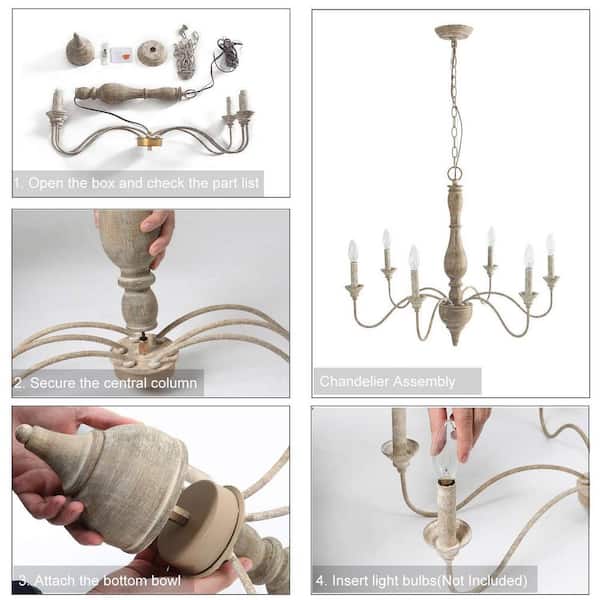 6-Light Rustic Farmhouse Wood Chandelier 29.5 in. W with Antique White French Country Accents and Classic Candle Style