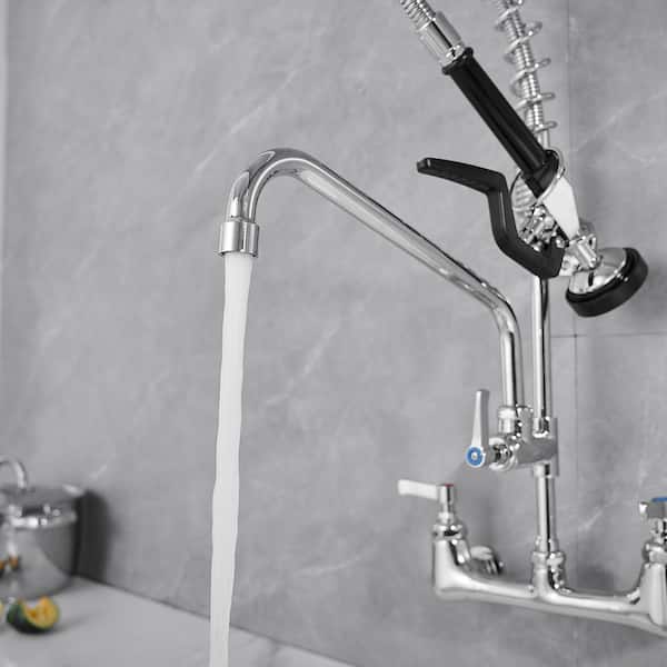 Commercial Restaurant Pull Down 2-Handle Wall Mount Pre-Rinse Spray Utility Kitchen Faucet in Polished Chrome