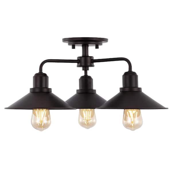 Calvin 18.5 in. 3-Light Iron Industrial Farmhouse LED Oil Rubbed Bronze Semi-Flush Mount Ceiling Light