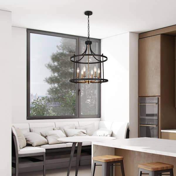LEPETOS Modern Farmhouse 6-Light Matte Black Chandelier Drum Island Ceiling Light with Brass Candlestick Lamp Holders