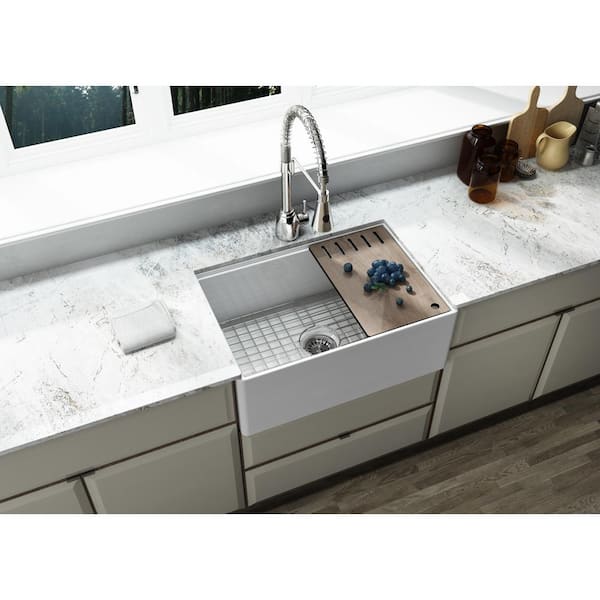 Derby Fireclay 27 in. Single Bowl Farmhouse Kitchen Sink with workstation