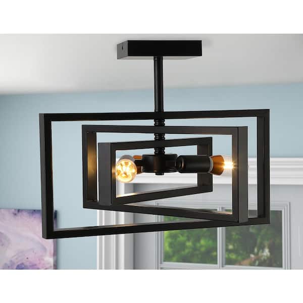 15.7 in. 3-Light Black Farmhouse Rustic Rectangle Semi Flush Mount Ceiling Light