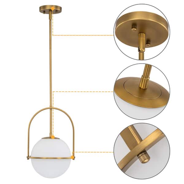 1-Light Antique Brass Sphere Shaded Pendant Light with Opal Glass Shade, No Bulbs Included