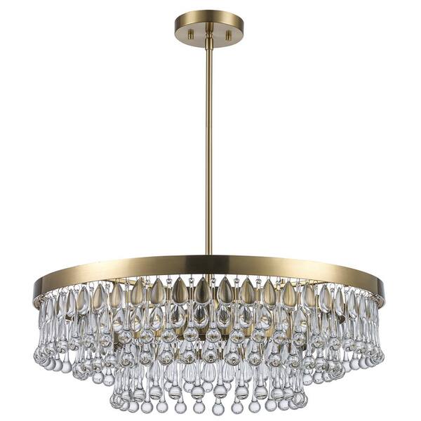 4-Light Brass and Tiered Crystal Pendant Light Fixture with Hanging Crystal Beaded Shade