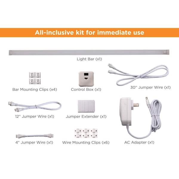 24 in. LED Warm White 2700K, Dimmable, 1-Bar Under Cabinet Lights Kit with Hands-Free On/Off (Tool-Free Plug-in Install)