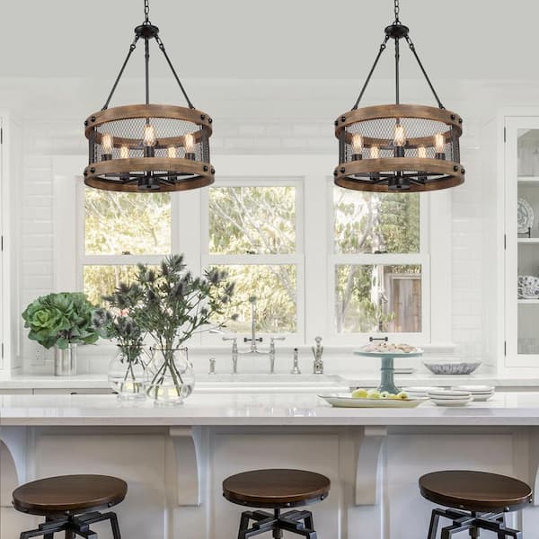 Wood Drum Chandelier 5-Light Brown Candle Black Rustic Farmhouse Chandelier Pendant Dining Room Industrial Chandelier