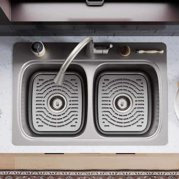 Verse Stainless Steel 33 in. Double Bowl Drop-In Kitchen Sink with Faucet