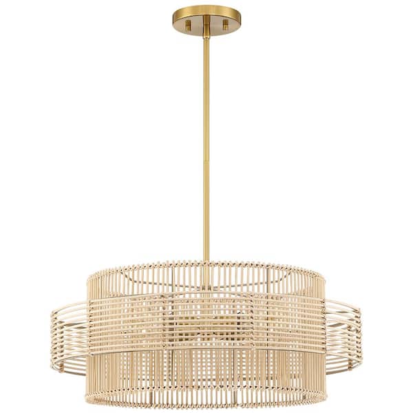 Saturn 22 in. 4-Light Brass Modern Bohemian Chandelier with Natural Rattan Shade