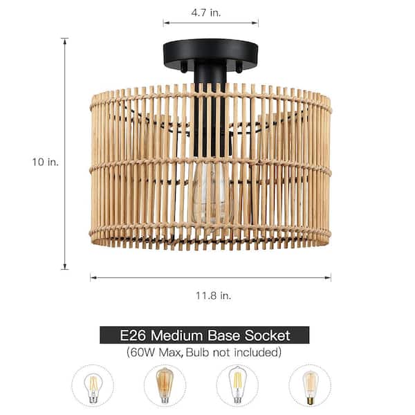11.8 in. 1-Light Eclectic Natural Rattan and Bamboo Semi-Flush Mount Ceiling Light with Black Hardware