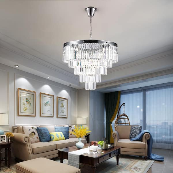 Annapolis 12-Light Chrome/Clear Unique Tiered Chandelier with Crystal Accents