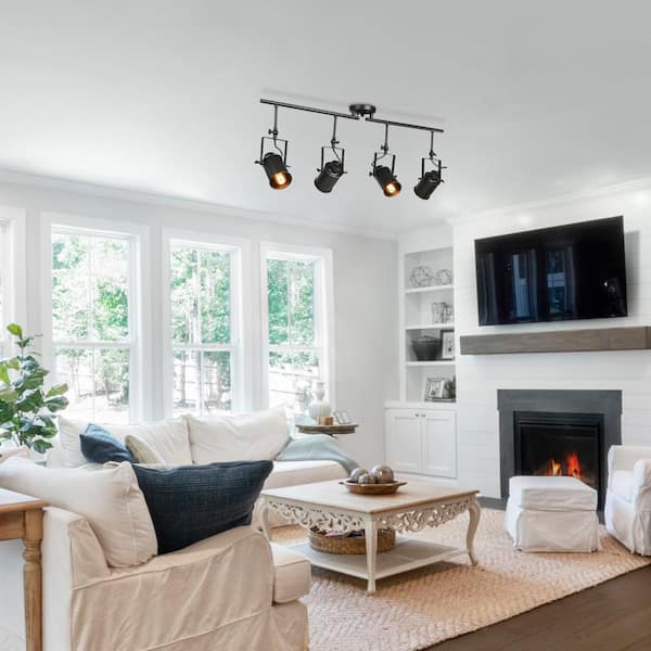 Modern Industrial Black Fixed Track Lighting Kit 4-Light Linear Task Light with Rotatable Cylinder Heads, LED Compatible