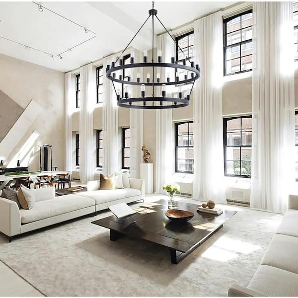 47.2 in. 36-Light Farmhouse Black 2-Tier Wagon Wheel Candle Chandelier Round Industrial Pendant Lighting