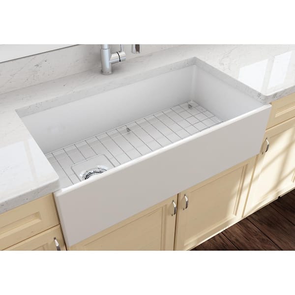 Contempo Farmhouse Apron Front Fireclay 36 in. Single Bowl Kitchen Sink with Bottom Grid and Strainer in White