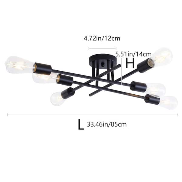 Industrial 33 in. 6-Light Black Linear Semi-Flush Mount Light Sputnik Ceiling Light