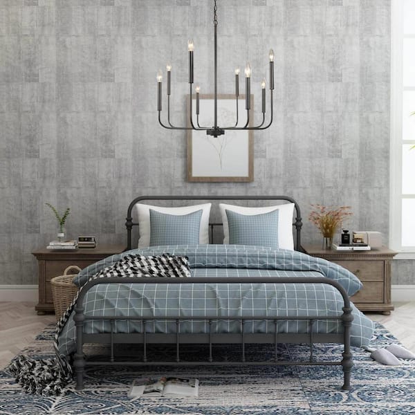 Modern 8-Light Black Chandelier with Rustic Linear Candlestick Holder