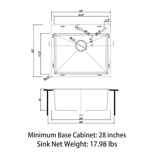 25 in. Drop-In Single Bowl 18-Gauge 304 Stainless Steel Kitchen Sink