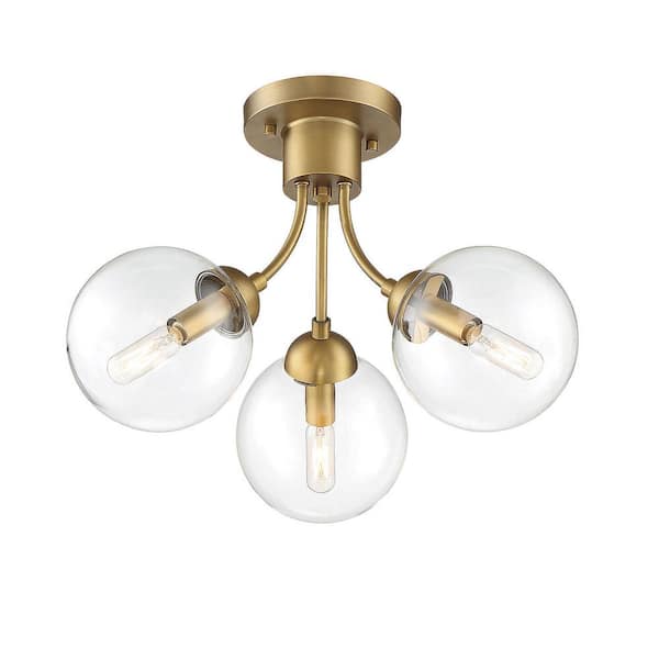 16 in. W x 12 in. H 3-Light Natural Brass Semi-Flush Mount Ceiling Light with Clear Orb Glass Shades
