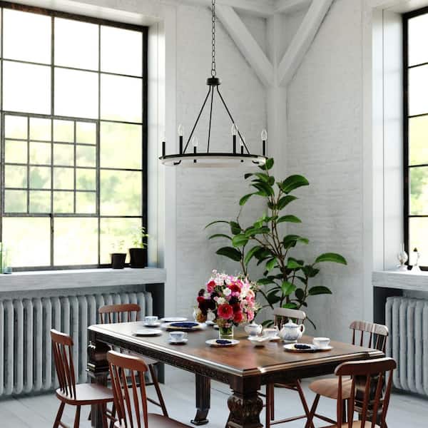 Russel 6-Light Matte Black and Weathered Gray Farmhouse Candle Wheel Chandelier