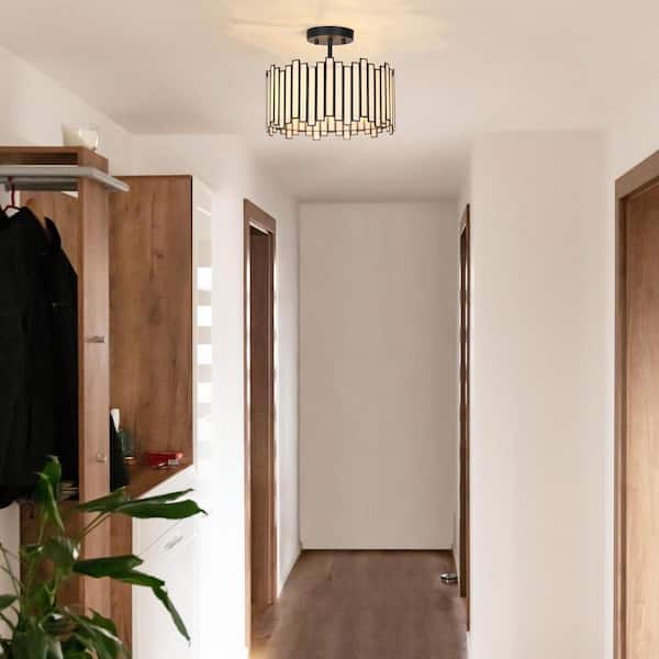 Modern 3-Light Drum Semi-Flush Mount 12.6 in. Vintage Painted Black Ceiling Light with Stained Glass Shade for Bedroom