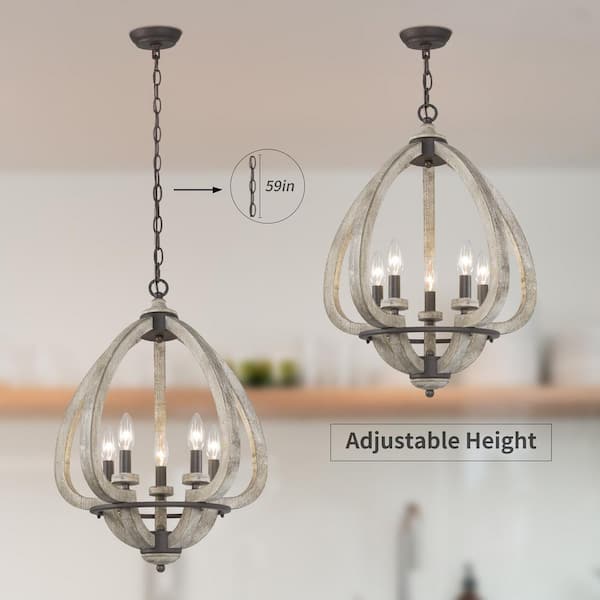 Modern Farmhouse Candlestick Wood Chandelier, 5-Light Lantern Dining Room Chandelier Hanging Pendant Light