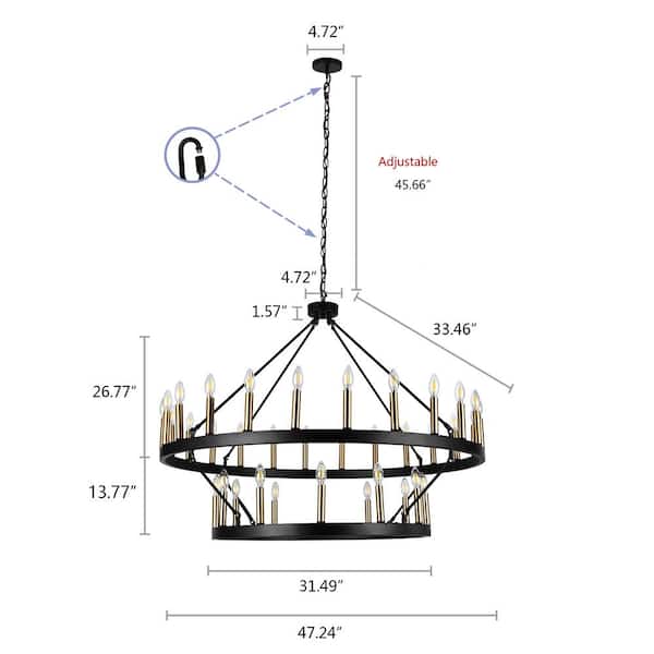 36-Light Black 2-Tiers Candle Style Wagon Wheel Chandelier