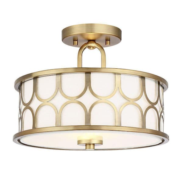 Meridian 13 in. W x 10 in. H 2-Light Natural Brass Semi-Flush Mount with White Fabric Shade and Geometric Metal Frame