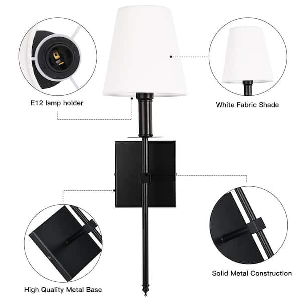 1-Light Matte Black Wall Sconce with White Fabric Shade(2-Pack)