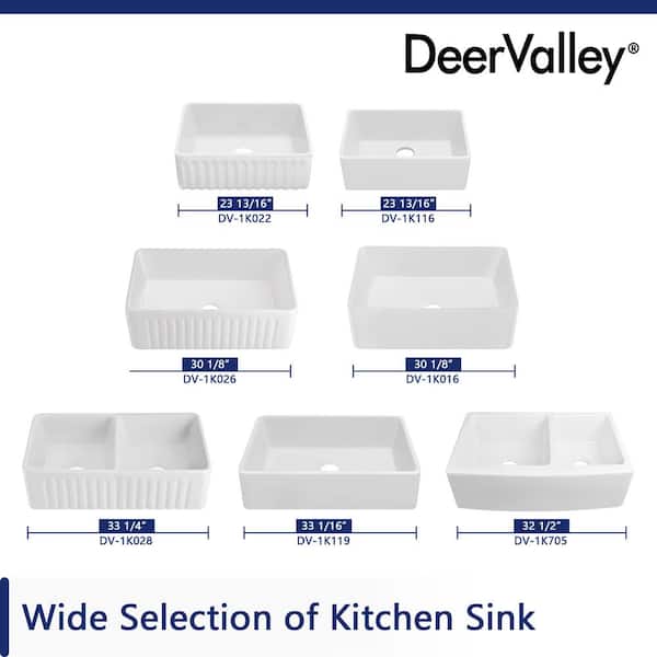 DeerValley Feast White Ceramic 33 in. L Rectangular Single Bowl Farmhouse Apron Kitchen Sink with Grid and Strainer