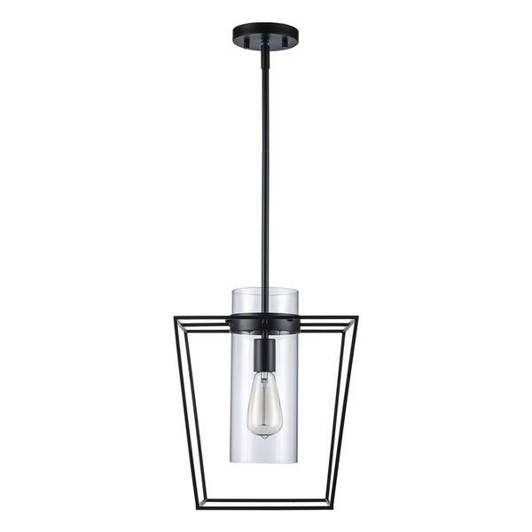 12 in. 1-Light Black Pendant Light Fixture with Clear Glass Cylinder Shade