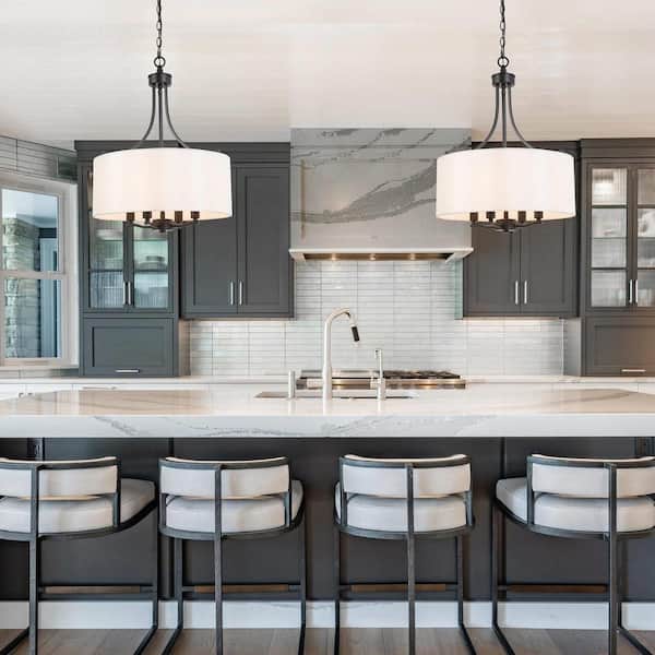 4-Light Modern Black Chandelier Drum Candlestick Island Chandelier Pendant Light with Fabric Shade