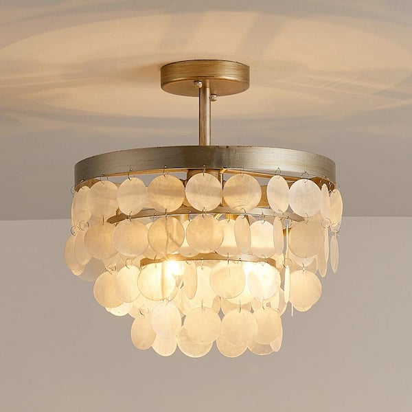 14.5 in. 2-Light Bohemia Antique Nickel Semi-Flush Mount Ceiling Light Fixture with Tiered Shells and No Bulb Included