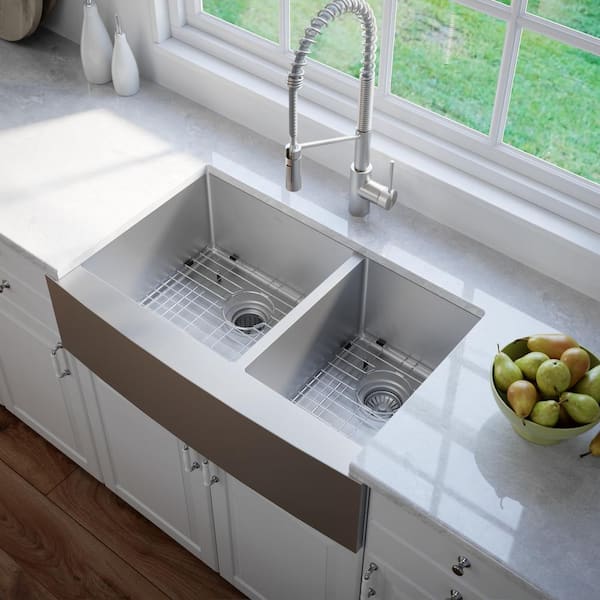 Standart PRO Farmhouse Apron-Front Stainless Steel 33 in. Double Bowl Kitchen Sink