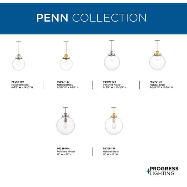 Penn Collection 12 in. 1-Light Golden Natural Brass Clear Glass Farmhouse Kitchen Pendant Light