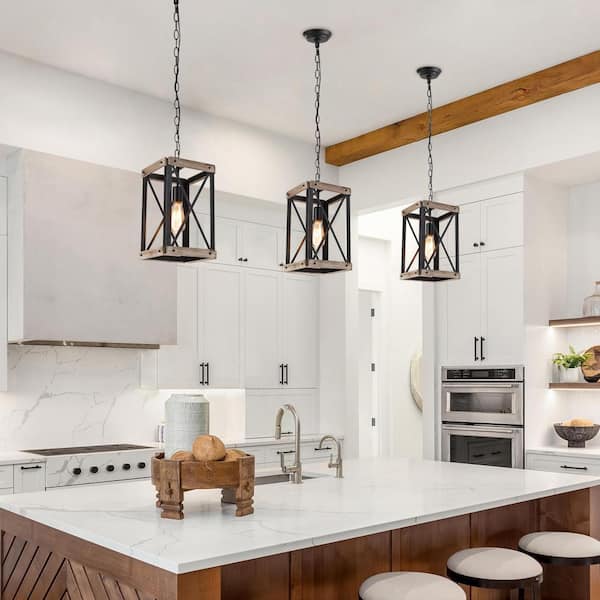 Black Rustic Wood Cage Pendant Light 1-Light Farmhouse Lantern Kitchen Island Pendant Lighting