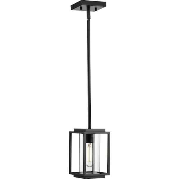 Macstreet 8.25 in. 1-Light Matte Black Transitional Hanging Lantern with Clear Glass Shade