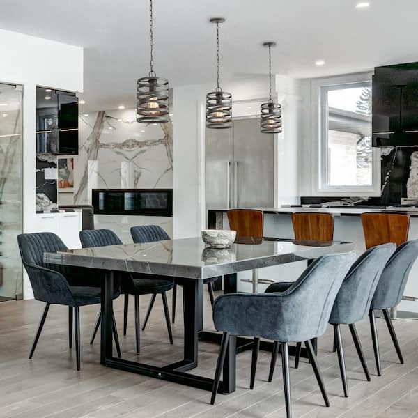 Brushed Gray Modern 1-Light Pendant Drum Cage Kitchen Island High Ceiling Light