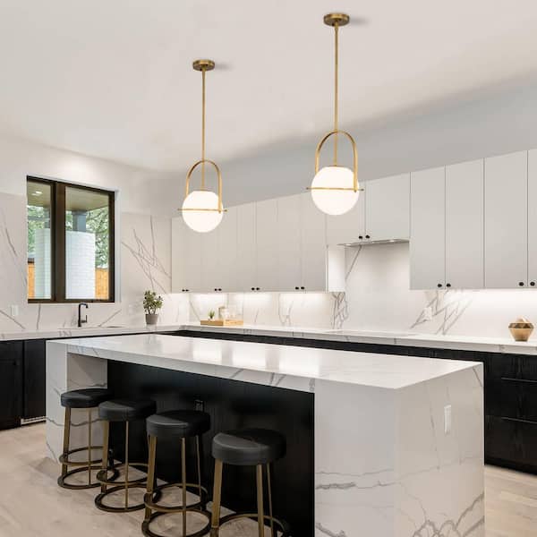 1-Light Antique Brass Sphere Shaded Pendant Light with Opal Glass Shade, No Bulbs Included