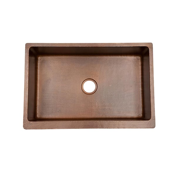 Farmhouse/Apron-Front Hammered Copper 33 in. 0-Hole Single Bowl Kitchen Sink in Antique Copper and Drain