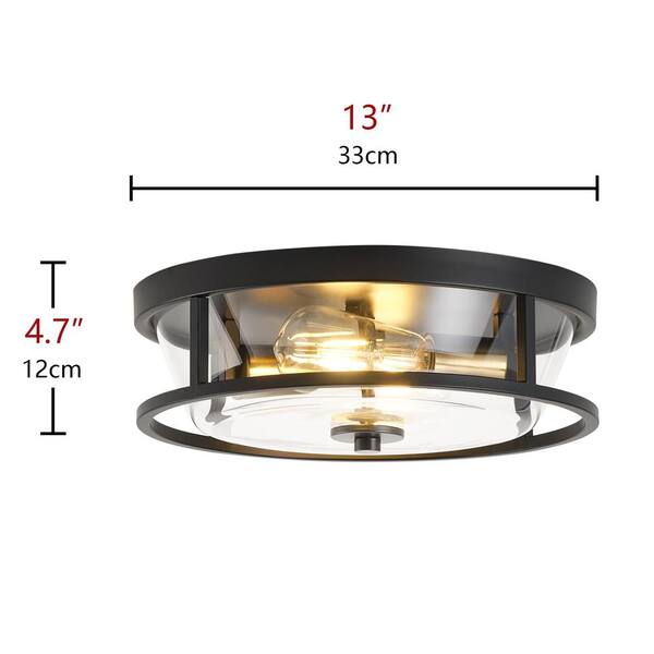 13 in. 2-Light Industrial Black Flush Mount Ceiling Light Fixture with Glass Shade