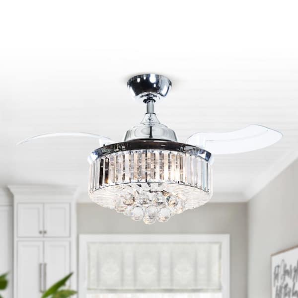 Broxburne 36 in. Modern Chrome Retractable 3-Blade Crystal Ceiling Fan with Light Kit and Remote Control