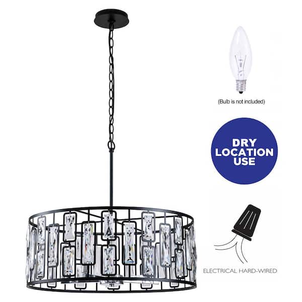 5-Light Black and Chrome Chandelier with Rectangular Faceted Crystals