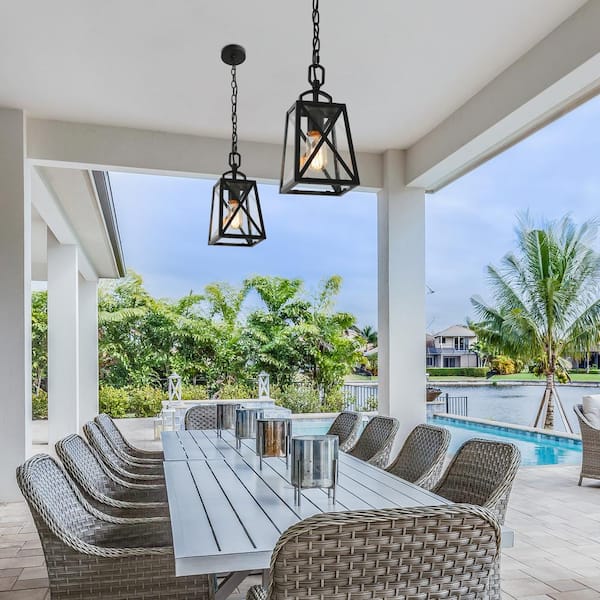 Black Outdoor Hanging Light Mini 1-Light Farmhouse Hanging Lantern Outdoor Pendant for Patio/Porch with Seedy Glass